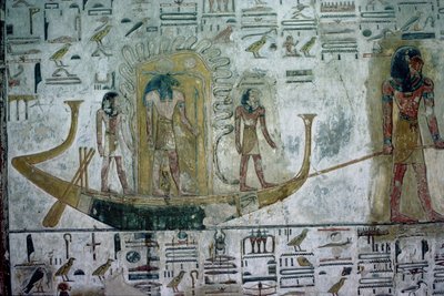 Bóg słońca Ra w Nocnej Łodzi, chroniony przez sploty węży, holowany na wodach pod ziemią, Nowe Królestwo, ok. 1318 pne (relief polichromowany) autorstwa Egyptian 19th Dynasty