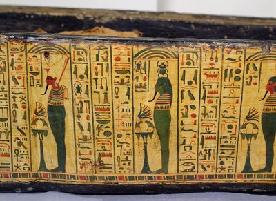 Szczegół zewnętrznej podstawy trumny mumii Nesyamona, prawdopodobnie znaleziony w Deir El-Bahri, Nowe Królestwo, ok. 1100 pne (malowane drewno) autorstwa Egyptian 20th Dynasty