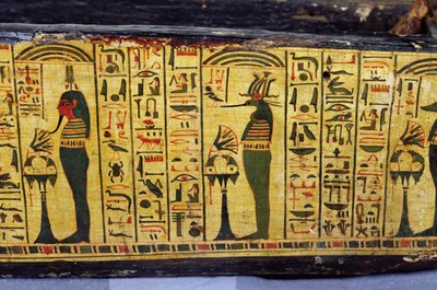 Szczegół zewnętrznej podstawy trumny mumii Nesyamona, prawdopodobnie znaleziony w Deir El-Bahri, Nowe Królestwo, ok. 1100 pne (malowane drewno) autorstwa Egyptian 20th Dynasty