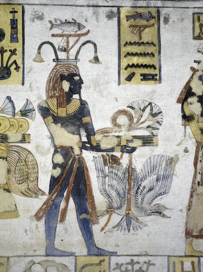 Egipt, Teby, Luksor, Dolina Królów, Grób Ramzesa III, malowidło ścienne przedstawiające ofiary rytualne, z XX dynastii autorstwa Egyptian 20th Dynasty