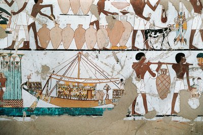 Malowidło ścienne przedstawiające scenę przewozu wina na łodzi, z Nowego Królestwa autorstwa Egyptian 20th Dynasty