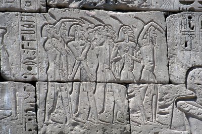 Płaskorzeźba przedstawiająca więźniów Północy w bitwie pod Ramzesem III, Wielka Świątynia Medinet autorstwa Egyptian 20th Dynasty