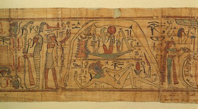 Księga mitologicznych obrazów Nespakachuty, oddzielenie nieba od ziemi łodzią słoneczną autorstwa Egyptian 21st Dynasty