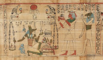 Fragment Księgi Umarłych kapłana Aha-Mera przedstawiający Anubisa ważącego serce zmarłego względem Pióra Prawdy (papirusa) autorstwa Egyptian 21st Dynasty
