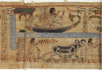 Fragment Księgi Umarłych księdza Aha-Mera przedstawiający barkę i scenę rolniczą, III Okres Przejściowy (papirus) autorstwa Egyptian 21st Dynasty
