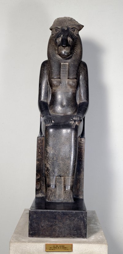 Starożytność egipska: bóstwo lwica Sekhmet z nabojem króla Szeszonka I. Posąg z czarnego granitu. 950-929 pne. Turyn, muzeum egipskie autorstwa Egyptian 22nd Dynasty
