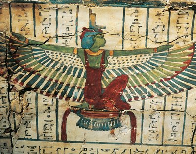Malowane, lakierowane drewno, przedstawiające Boginię Izydę z rozpostartymi skrzydłami, na Sarkofagu Cesrapereta z Teb Zachodnich autorstwa Egyptian 25th Dynasty