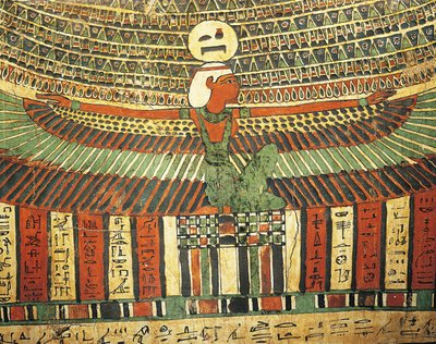Tynkowane i malowane drewno przedstawiające boginię Nut chroniącą fałszywe drzwi prowadzące do zaświatów, z Sarkofagu Taszachepera w Tebach autorstwa Egyptian 26th Dynasty