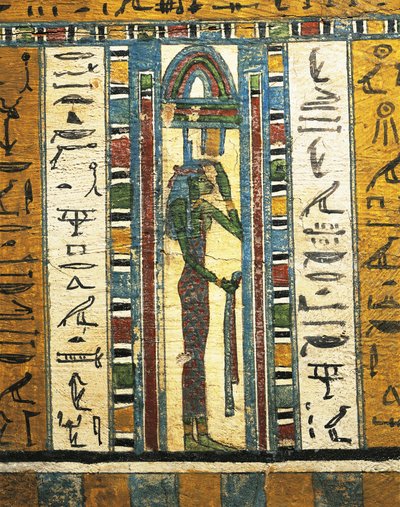 Otynkowany i malowany panel drewniany przedstawiający boginię Izydę z Sarkofagu w Usai w Tebach autorstwa Egyptian 26th Dynasty