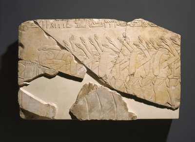 Płaskorzeźba z grobowca Nes-Peka-Shuty, Deir El-Bahri, Teby, szczegół z prawego końca drugiego rejestru, okres saite, ok. 656-610 pne (wapień) autorstwa Egyptian 26th Dynasty