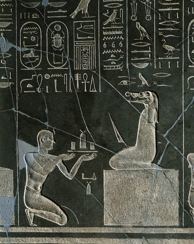 Dolerytowa płaskorzeźba Nektanebo I, króla ofiarującego podarunek demonowi o krokodylej głowie, z Heliopolis w świątyni Atum autorstwa Egyptian 30th Dynasty