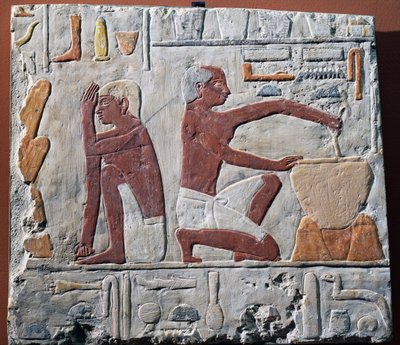 Przygotowanie i pieczenie chleba, 2500-2350 pne (malowany wapień) autorstwa Egyptian 5th Dynasty