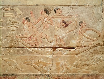 Relief przedstawiający mężczyzn w łodzi, z grobowca księżniczki Idut, Stare Państwo, ok. 2330 pne (malowany wapień) autorstwa Egyptian 6th Dynasty