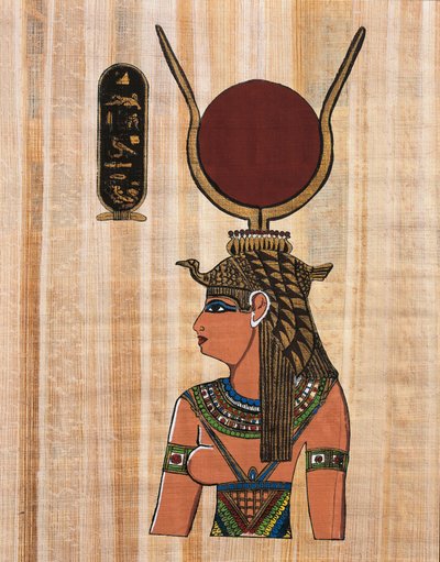 Kleopatra VII, rekonstrukcja płaskorzeźby ze świątyni Kom Ombo (papirus) autorstwa Egyptian Egyptian