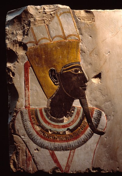 Starożytność egipska: fragment obrazu na wapieniu przedstawiający boga płodności Amona Mina (Amon-Min). Luksor, Muzeum Sztuki Egipskiej autorstwa Egyptian Egyptian