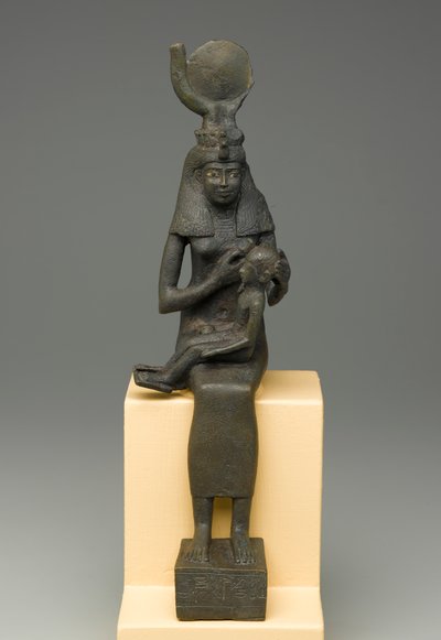 Siedząca statuetka Izydy trzymającej Horusa (brąz) autorstwa Egyptian Ptolemaic Period