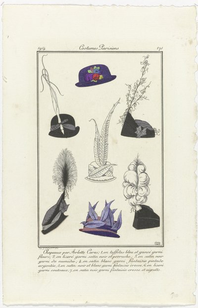 Akcesoria Journal des Dames et des Modes, Costumes Parisiens, 1914, nr 171: Kapelusze Arletta (...) autorstwa Eiger