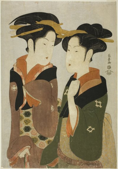 Kan, kelnerka Izutsuya i gejsza Fuseya z Ogiya autorstwa Eishōsai Chōki
