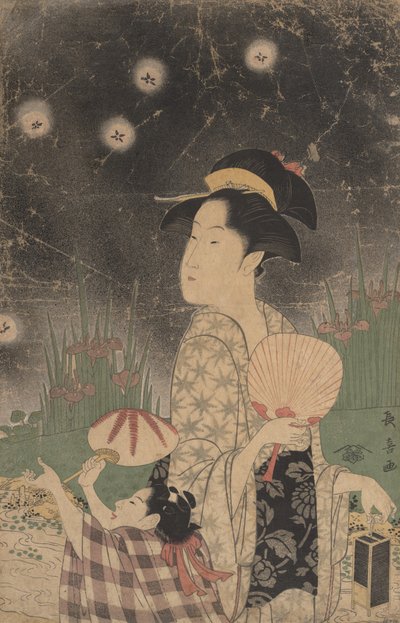 Kobieta i dziecko łapiące świetliki, ca. 1793. autorstwa Eishōsai Chōki
