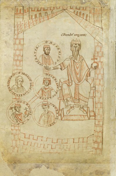 Drzewo genealogiczne dynastii Salian: Konrad II, Henryk III, Henryk IV, jego żona Eupraxia z Kijowa, Henryk V, XII w. autorstwa Ekkehard of Aura