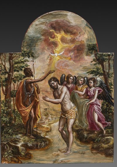 Ołtarz przenośny: panel drzwi prawych przedstawiający Chrzest Chrystusa, fragment 2384586 (tempera grassa na panelu) autorstwa El Greco