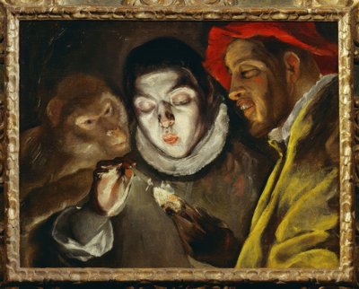 Małpa, chłopiec i mężczyzna zapalają świecę autorstwa El Greco