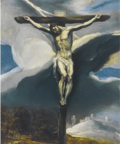 Chrystus na krzyżu na tle krajobrazu autorstwa El Greco