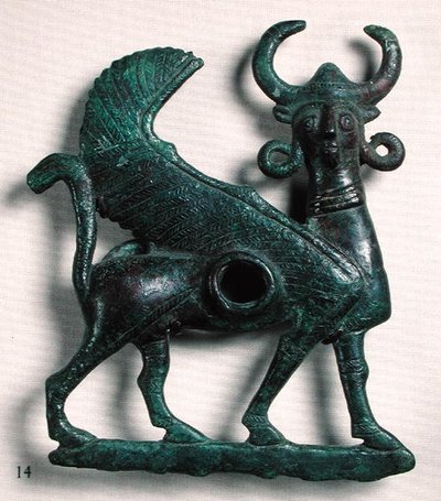 Gryzak dla konia w kształcie uskrzydlonego byka o ludzkiej głowie, z Luristanu, Iran (brąz) autorstwa Elamite