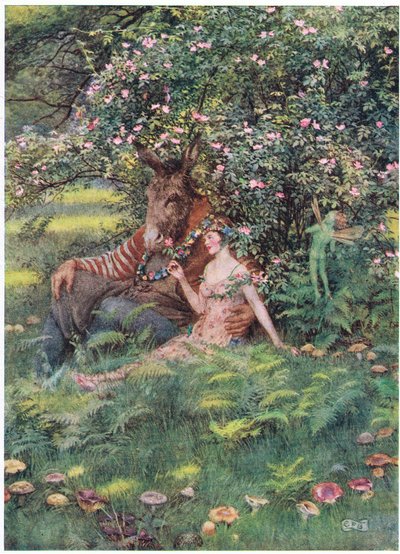 Bottom and Titania: „Chodź, usiądź na tym kwiecistym łóżku” (lito) autorstwa Eleanor Fortescue Brickdale
