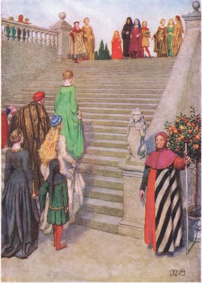 Pierwsze spotkanie Dantego i Beatrice: „W mojej wizji przemawiała moc. (lito) autorstwa Eleanor Fortescue Brickdale