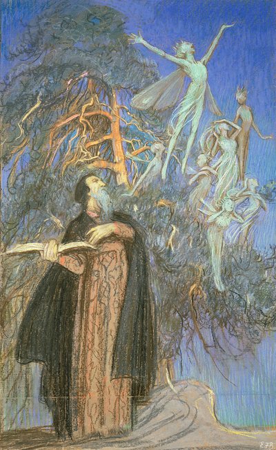 Prospero i Ariel, studium do zaginionego obrazu na zlecenie Broadcasting House, Londyn, ok. 1931 (pastel na papierze) autorstwa Eleanor Fortescue Brickdale