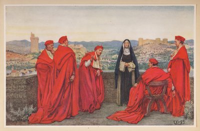 Św. Katarzyna ze Sieny negocjująca z papieżem Grzegorzem XI w imieniu Florentczyków. autorstwa Eleanor Fortescue Brickdale