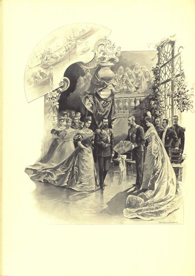 Aleksandra Fiorodowna i Mikołaj II podczas uroczystego przyjęcia w ambasadzie francuskiej, 1899 autorstwa Elena Petrovna Samokish-Sudkovskaya