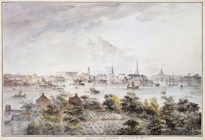 Widok Sztokholmu z Kungsholmen z Pałacem Królewskim i Storkyrkan, Tyskakyrkan, Katarinakyrka i Riddarholmskyrkan, autorstwa Elias Martin