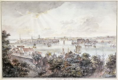 Widok Sztokholmu z Soderu z Pałacem Królewskim, Storkyrkan, Riddarholmskykan i Tskakykan, autorstwa Elias Martin