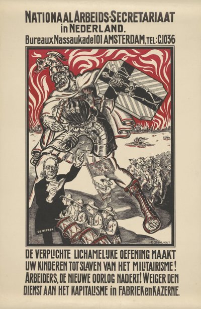 Plakat przeciwko militaryzmowi opublikowany przez Krajowy Sekretariat Pracowników w Holandii autorstwa Elias Smalhout