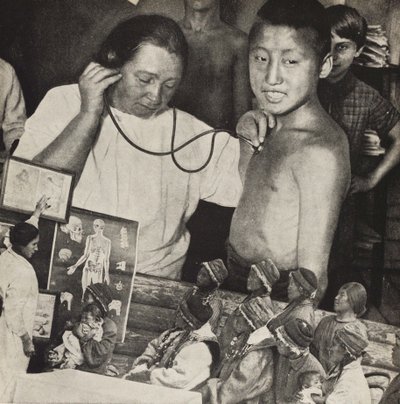 Medycyna w ZSRR. Ilustracja z ZSRR buduje socjalizm, 1933. autorstwa Eliezer Markowich Lissitzky