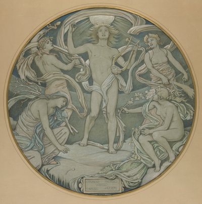 Karykatura środkowego kręgu sufitu Huntington: Apollo i pomocnicy autorstwa Elihu Vedder