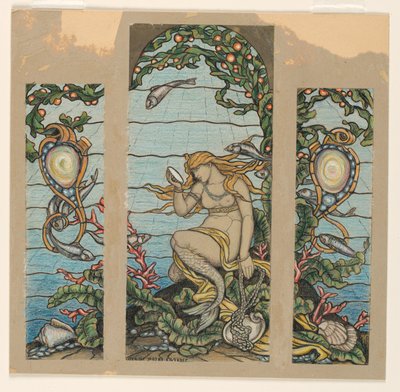 Rysunek, projekt witraża "Okno Syrenki" dla rezydencji A.H. Barneya, Nowy Jork, Nowy Jork, 1882 r. autorstwa Elihu Vedder