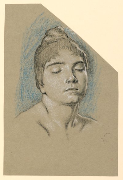 Rysunek, Szkic portretowy młodej kobiety z zamkniętymi oczami, ok. 1885 r. autorstwa Elihu Vedder