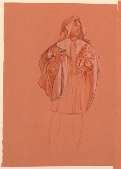 Rysunek, studium postaci w stroju z kapturem, ok. 1885 r. autorstwa Elihu Vedder