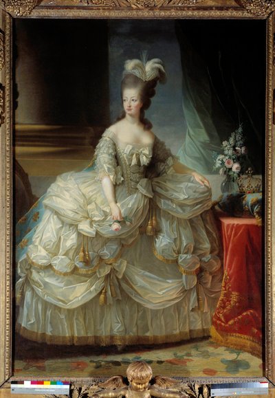 Portret u stóp Marie Antoinette – Lorraine Habsburg Królowa Francji (1755-1793) w dużym garniturze sądowym, róża w ręku Obraz Marie Elisabeth Louise Vigee Le brun (lub Vigee-Lebrun lub Vigee Lebrun) (1755-1842) XVIII wiek Słońce. 2,23 x 1,58 m² autorstwa Elisabeth Louise Vigee-Lebrun