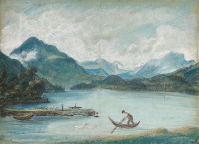 Widok na Jezioro Genewskie z mężczyzną wiosłującym na małej łódce i dwoma łabędziami autorstwa Elisabeth Louise Vigee-Lebrun