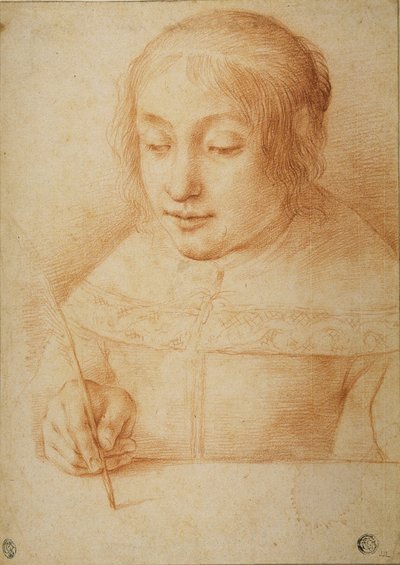 Młoda kobieta pisze lub rysuje autorstwa Elisabetta Sirani