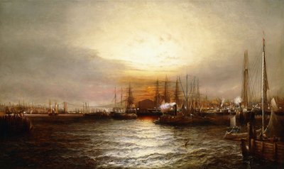 Wschód słońca z Chapman Dock i Old Brooklyn Navy Yard, East River, Nowy Jork autorstwa Elisha Taylor Baker
