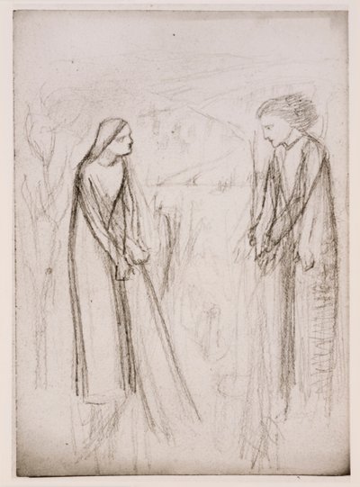 Zwiastowanie, prawdopodobnie, ok. 1970-77 (czarno-białe zdjęcie wydrukowane na białym papierze) autorstwa Elizabeth Eleanor (1834 62) (after) Siddal