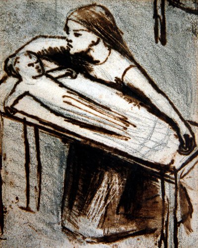 Klęcząca dziewczynka z dzieckiem (pióro i atrament na papierze) autorstwa Elizabeth Eleanor Siddal