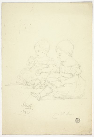 Dwie siedzące dziewczynki (recto), martwa natura i dwa zwierzęta (verso) autorstwa Elizabeth Murray