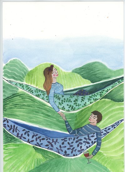 Hanging Out, 2018 (akwarela i kolaż) autorstwa Elizabeth Rider