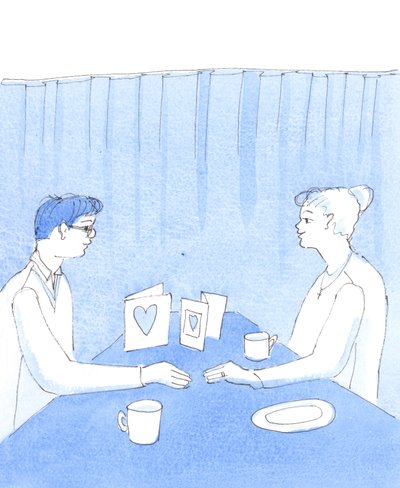 Para może pozostać razem przez wiele lat i cieszyć się spokojnym i szczęśliwym małżeństwem do późnej starości, jeśli nauczy się wybaczać sobie nawzajem pośród obciążeń, zawirowań i zmian, które pojawiają się w większości małżeństw, 2005 (akwarela na papier autorstwa Elizabeth Wang